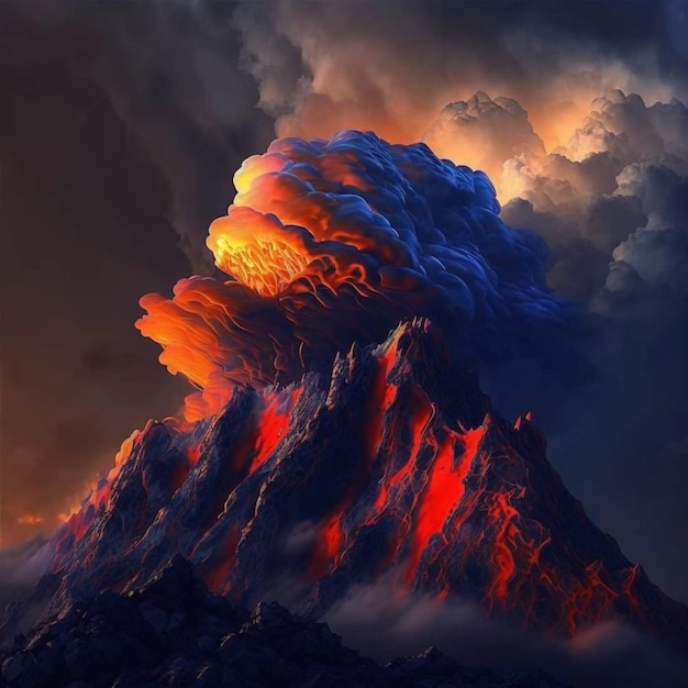 A volcano with a cloud of fire and smoke