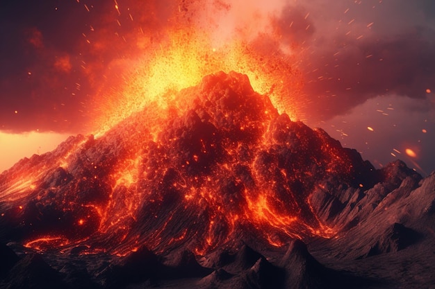 A volcano with a cloud of lava and smoke