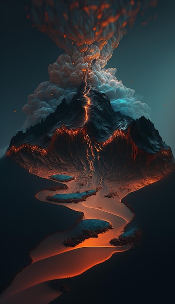 A volcano with a cloud of lava and a volcano on it