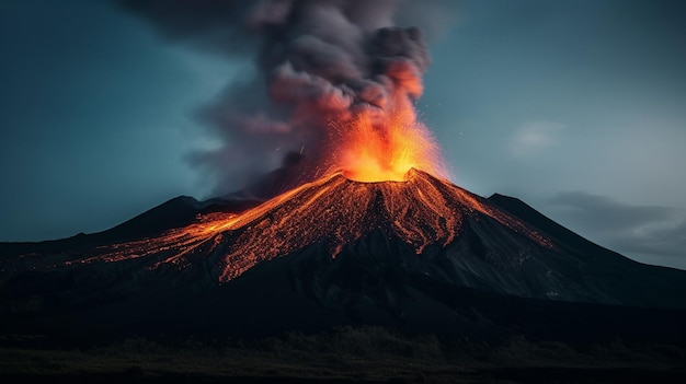 A volcano with a dark blue sky and smoke