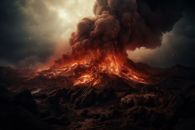 A volcano with a dark sky and smoke