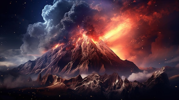 A volcano with a fiery background