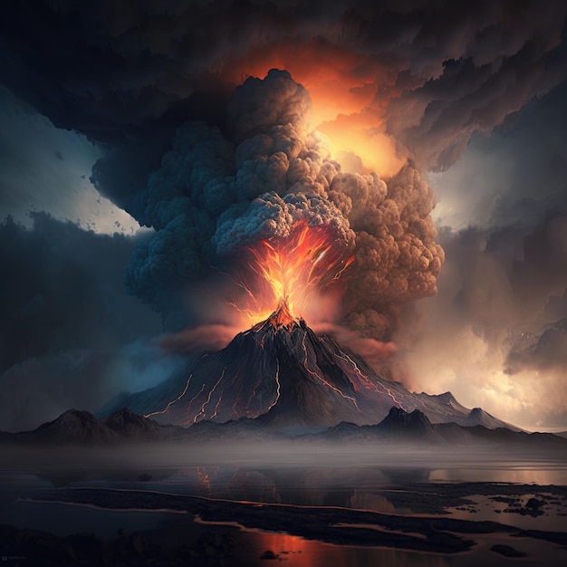 a volcano with a fiery orange glow in the sky.