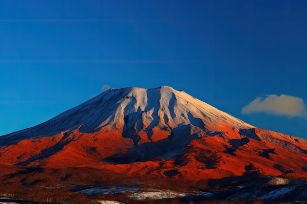 Volcano with fiery red and orange hues against deep blue sky created with generative ai