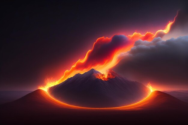 Foto un vulcano con lava e una nuvola di luce rossa.