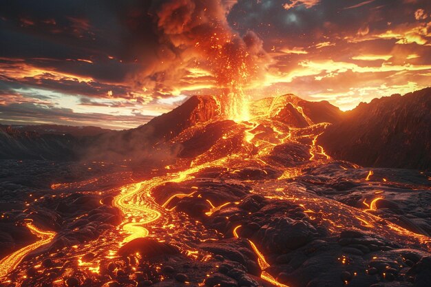 Photo a volcano with lava flowing into the background