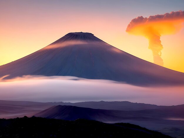 Volcano with mist at sunset