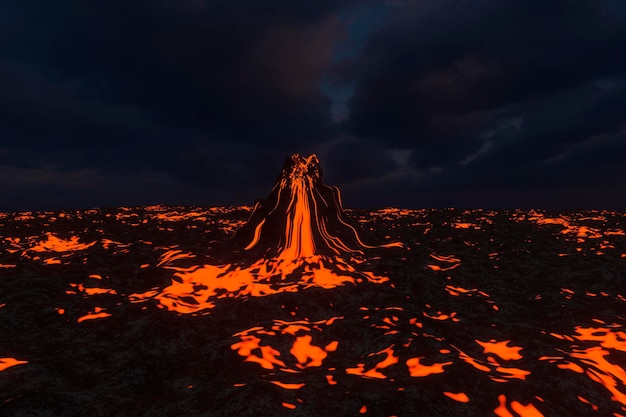 Volcano with molten lava fire ground landscape with molten\
magma 3d rendering illustration