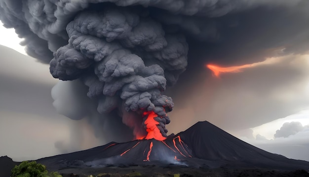 Foto un vulcano con una lava rossa sullo sfondo