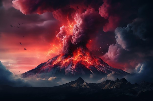 A volcano with a red sky and smoke