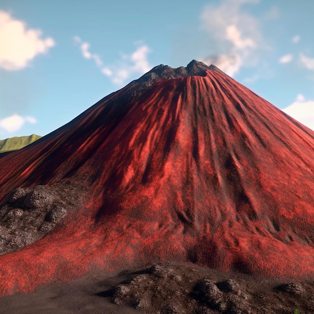 A volcano with a red top and the word volcano on it