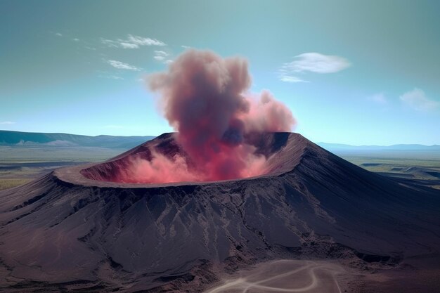 背景に赤い火山が見える火山。