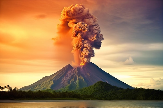 A volcano with smoke coming out of it