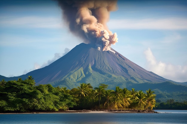 A volcano with smoke coming out of it