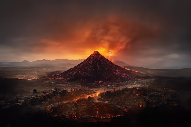 A volcano with a volcano in the background