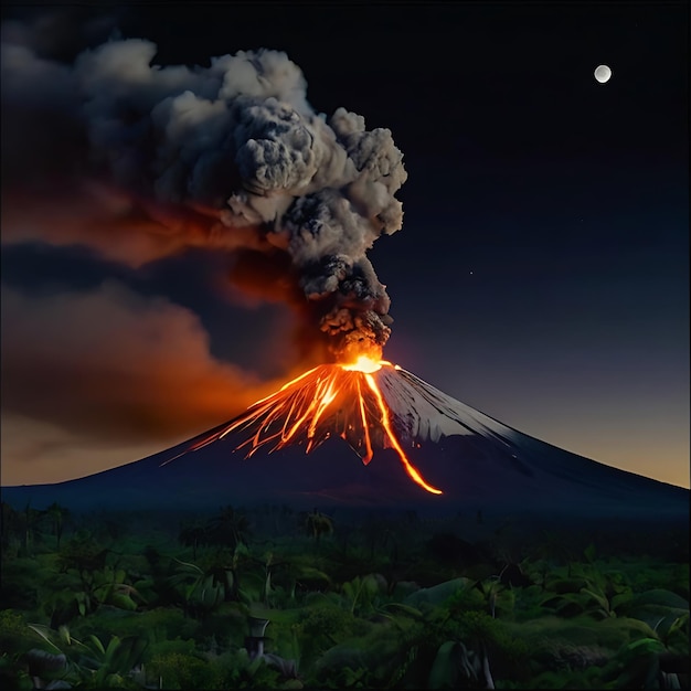 Photo volcanoes erupting at night in the presence of the moon genarated by ai