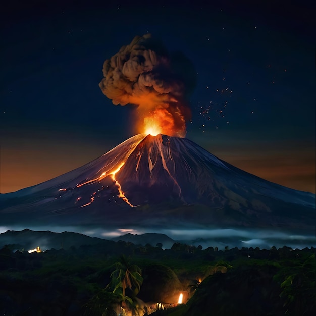 Photo volcanoes erupting at night in the presence of the moon genarated by ai