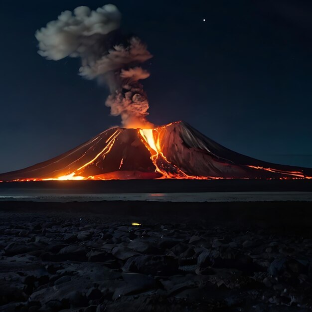 Volcanoes erupting at night in the presence of the moon genarated by AI