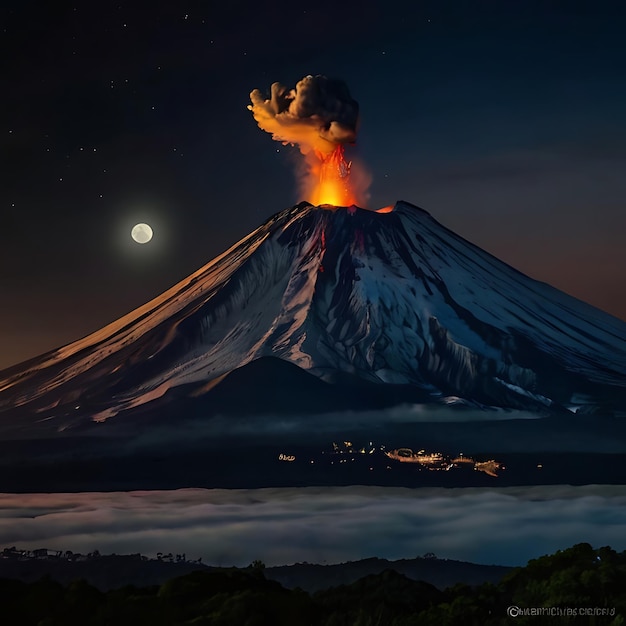 Photo volcanoes erupting at night in the presence of the moon genarated by ai