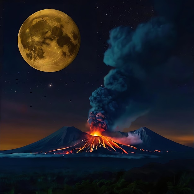 Volcanoes erupting at night in the presence of the moon genarated by AI