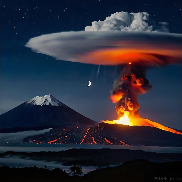 Volcanoes erupting at night in the presence of the moon genarated by AI