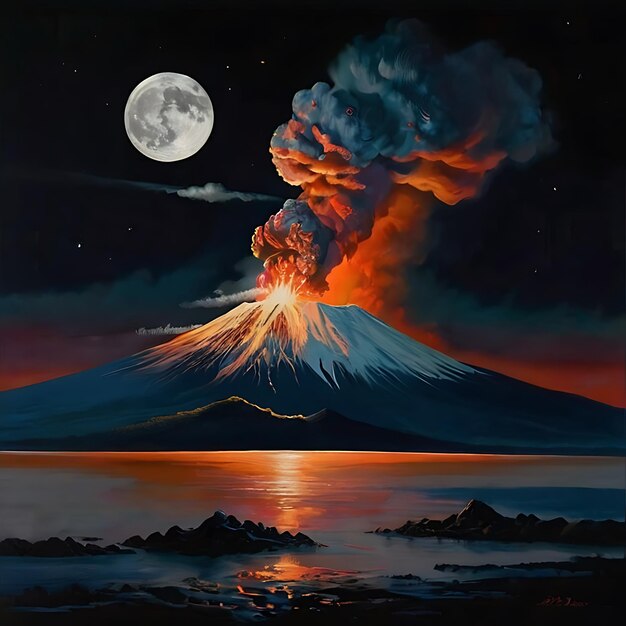 Volcanoes erupting at night in the presence of the moon genarated by AI