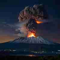 Photo volcanoes erupting at night in the presence of the moon genarated by ai