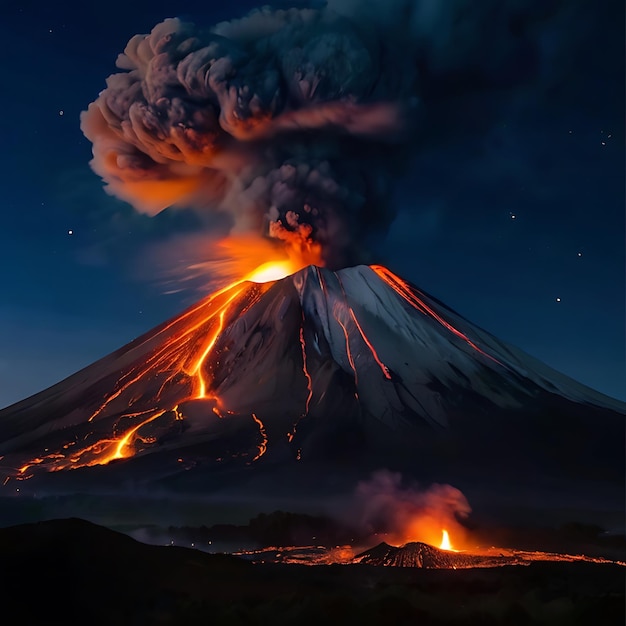 Photo volcanoes erupting at night in the presence of the moon genarated by ai
