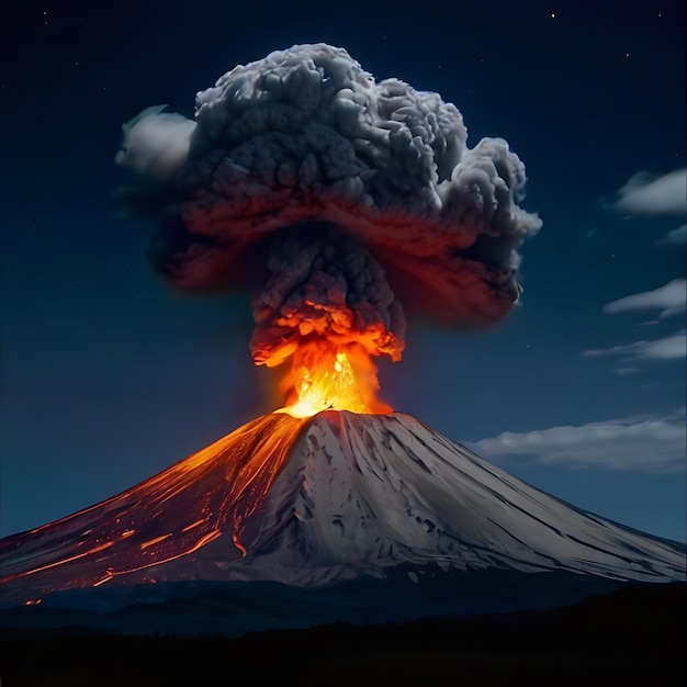 Volcanoes erupting at night in the presence of the moon genarated by AI