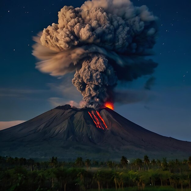 Photo volcanoes erupting at night in the presence of the moon genarated by ai