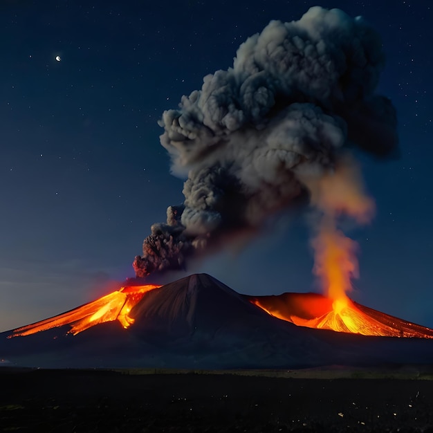 月の存在で夜に噴火する火山はAIによって生成されます