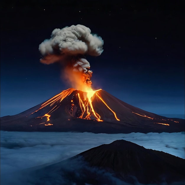 Photo volcanoes erupting at night in the presence of the moon genarated by ai