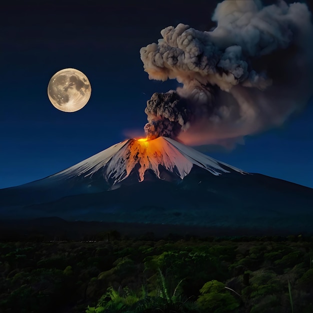 Volcanoes erupting at night in the presence of the moon genarated by AI
