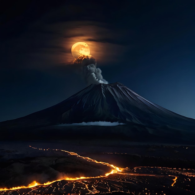 Photo volcanoes erupting at night in the presence of the moon genarated by ai