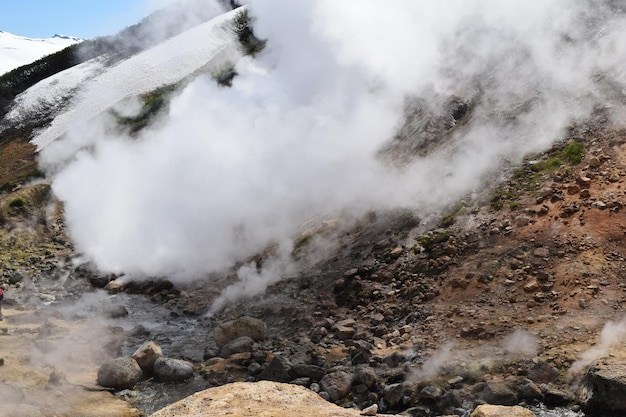 火山 間欠泉としてのカムチャッカ雪山の噴気場雪火山