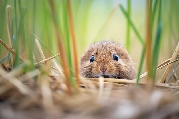 Foto vole zit stil tussen verspreide graszaden.