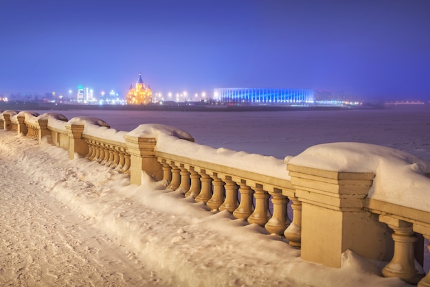 Volga Embankment and Alexander Nevsky Cathedral in Nizhny Novgorod in winter