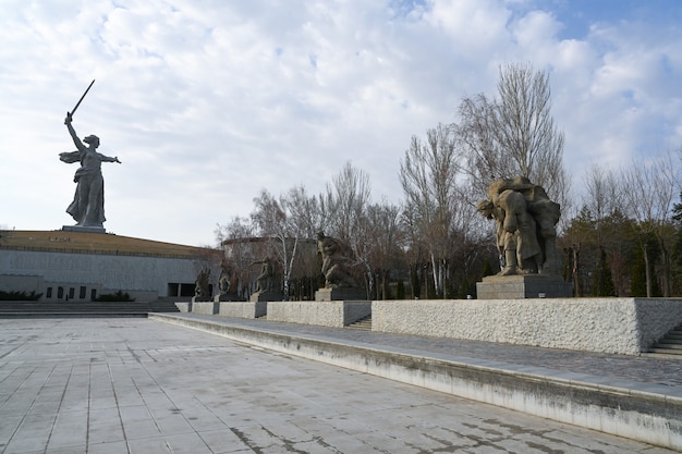 Volgograd, Russia - June 12, 2021: Memorial complex "Heroes of the Battle of Stalingrad" on the Mamayev Hill and the monument "Motherland Calls" in Volgograd in the Spring Day