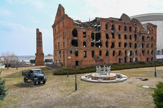 Volgograd, russia - may 30, 2021: the ruins of the mill.\
gerhardt\'s mill, or grudinin\'s mill - a steam mill building\
destroyed during the days of the battle of stalingrad and not\
restored.
