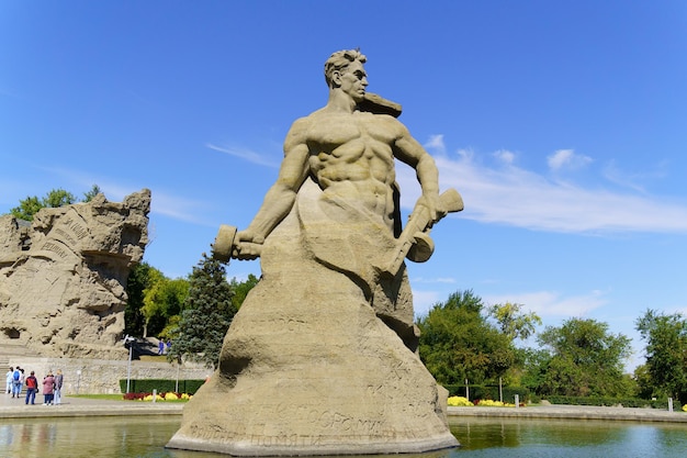 Volgograd RussiaSeptember 16 2021 Sculpture of the Memorial complex Motherland on Mamayev Kurgan in Volgograd One of the tallest statues in the world