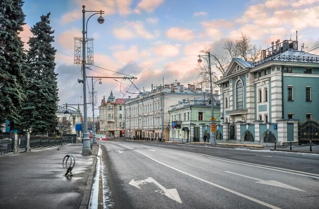 Volkhonka street in Moscow in the early hours of dawn on a winter morning