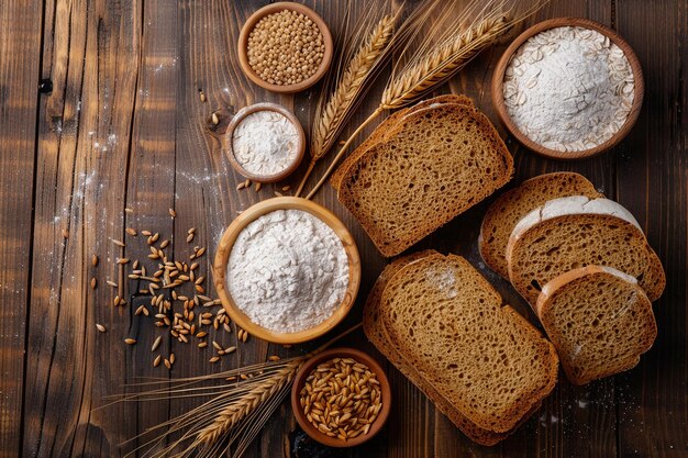 Foto volkorenbrood en verschillende granen op een houten tafel met ai gegenereerd