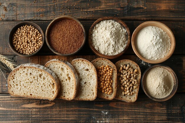 Volkorenbrood en verschillende granen op een houten tafel met AI gegenereerd