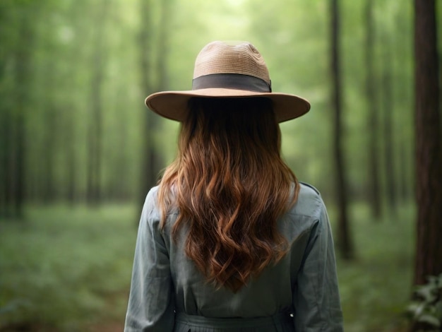 Volle foto van een vrouw met een hoed in een bos op de achterkant.