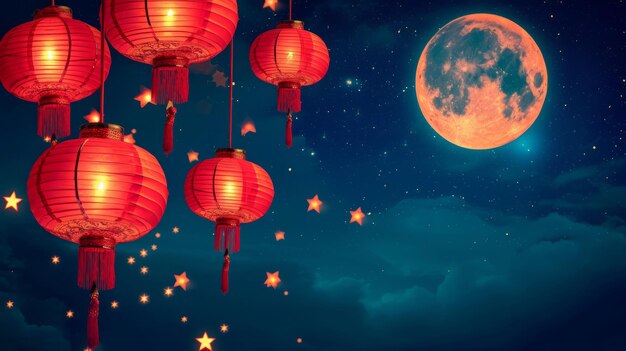 Volle maan en vijf rode lantaarns aan de hemel die de nacht verlichten met levendig licht