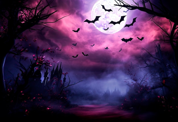 volle maan met vleermuizen die uit de grond komen in lichtbruine en violette stijl