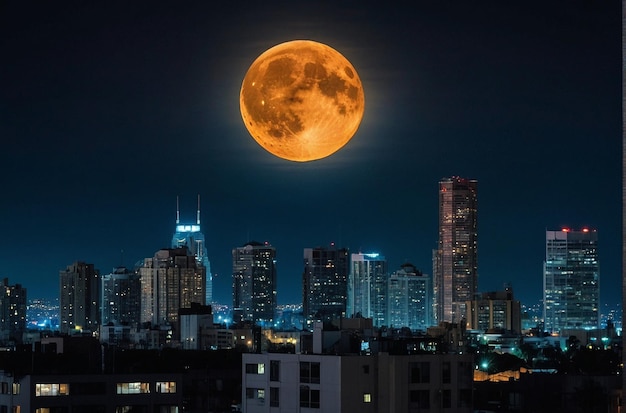 Volle maan ondergaat achter een silhouet van een stadsgebouw