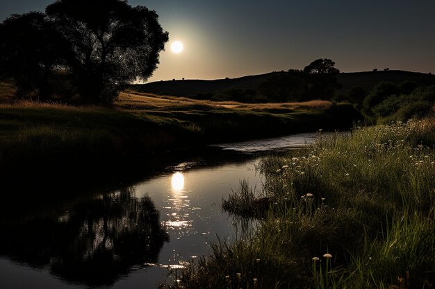 Volle maan reflecties op een kronkelende rivier of beek