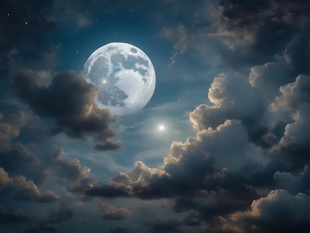 Volle maan schijnt op de hemel op een bewolkte dag.