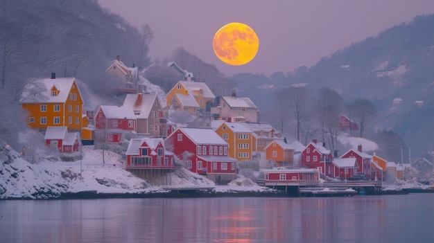 Volle maan verlicht een besneeuwd dorp